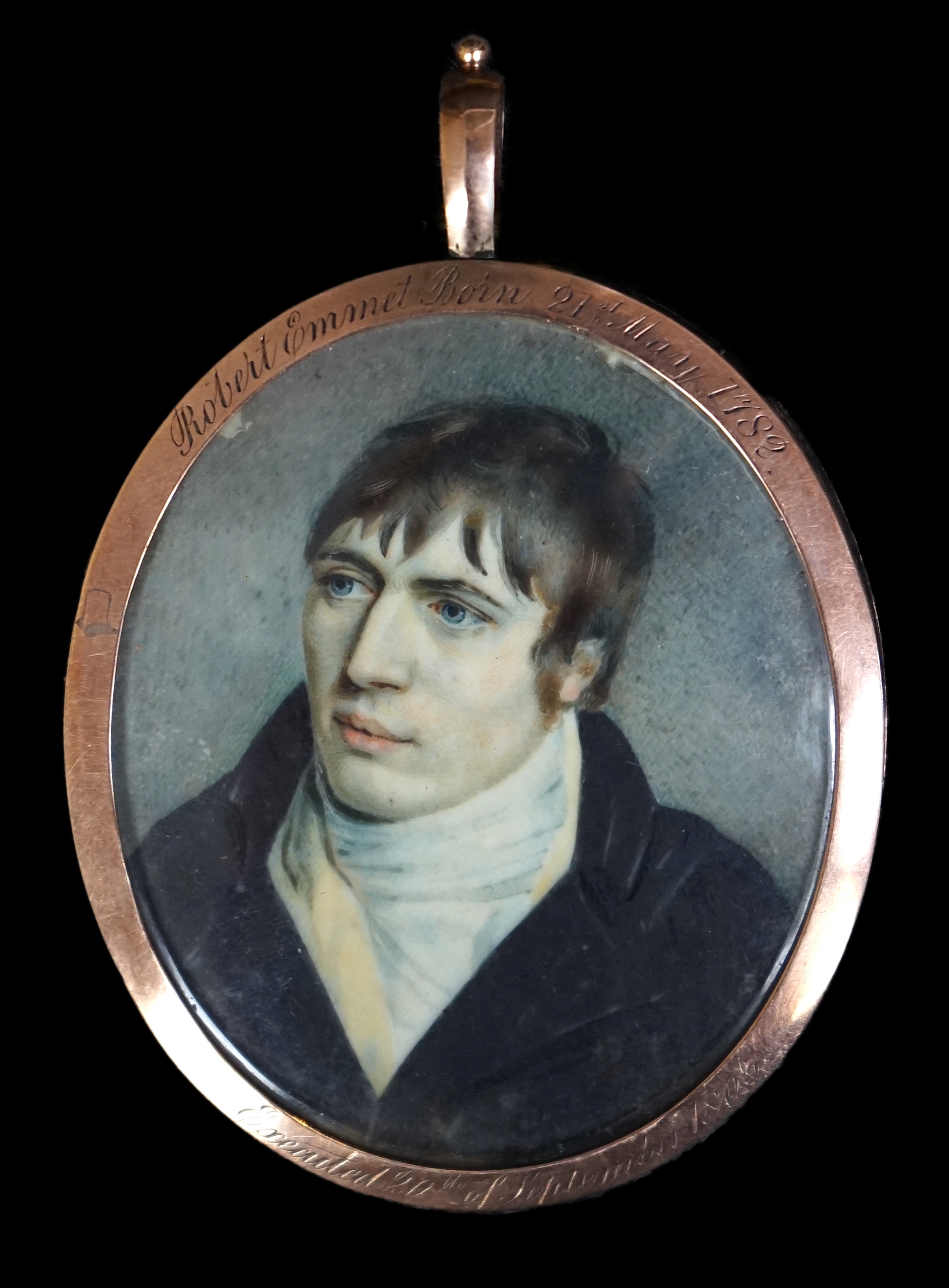 English School circa 1803, Portrait miniature of Robert Emmet, watercolour on ivory, 6.1 x 5.1cm., engraved frame. CITES Submission reference P9Y1SAJ4